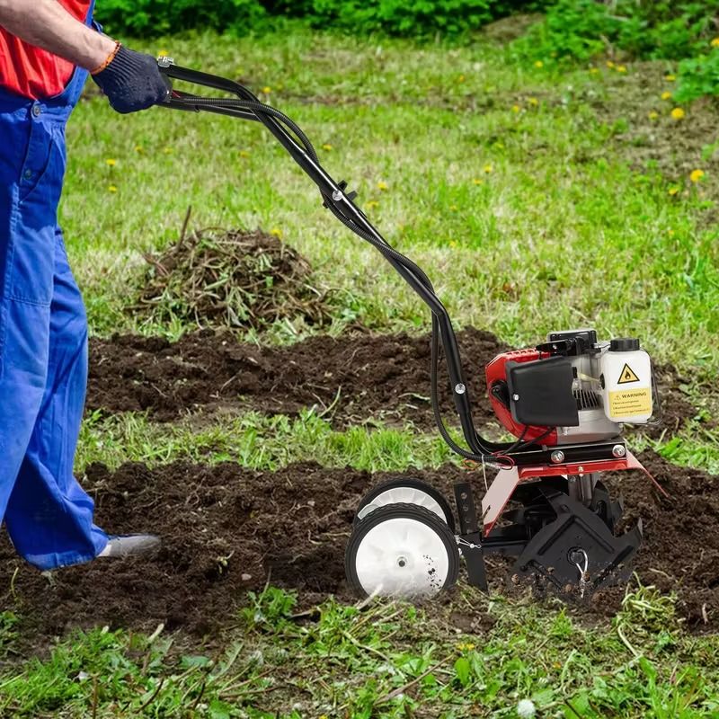 52cc Micro Rotary Tiller with Handle Attachments, Walk-behind Rotary Cultivator, Multi-purpose Garden Tiller Suitable for Trenching, Weeding and Ridge Formation. Capable of Ploughing, Trenching, Soil