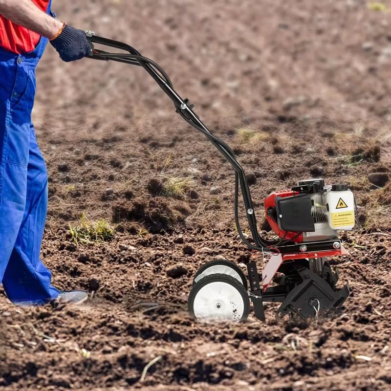 52cc Micro Rotary Tiller with Handle Attachments, Walk-behind Rotary Cultivator, Multi-purpose Garden Tiller Suitable for Trenching, Weeding and Ridge Formation. Capable of Ploughing, Trenching, Soil