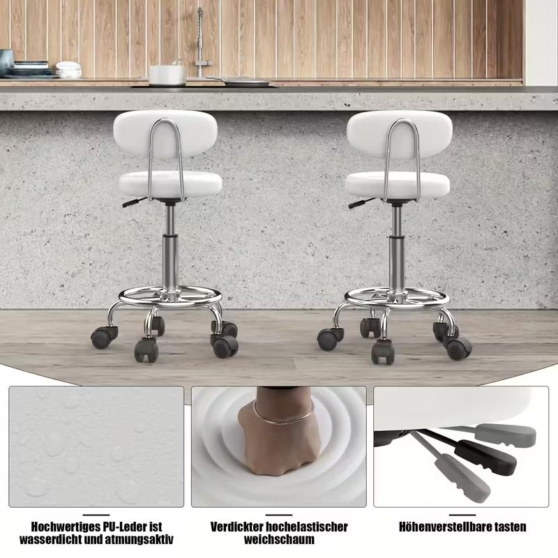Ergonomic Swivel Stool with Backrest - Height-Adjustable Rolling Office Chair, 360° Rotation &amp; Memory Foam Cushion - Heavy-Duty Metal Base with Non-Slip Casters - for Salon, Massage, Spa, Home - White