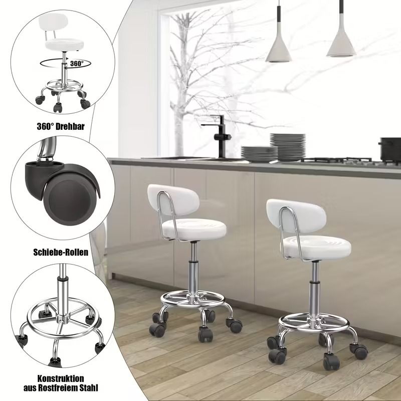 Ergonomic Swivel Stool with Backrest - Height-Adjustable Rolling Office Chair, 360° Rotation &amp; Memory Foam Cushion - Heavy-Duty Metal Base with Non-Slip Casters - for Salon, Massage, Spa, Home - White