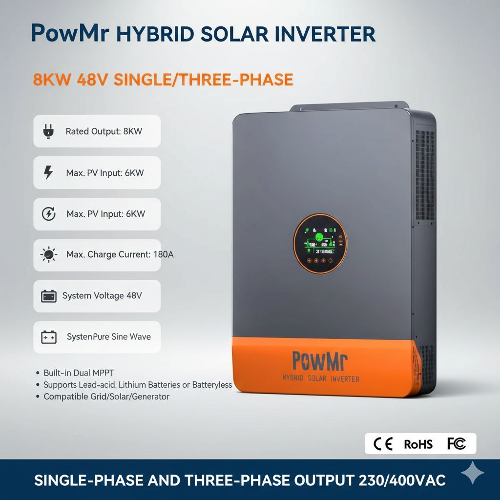 12KW Hybrid Solar Inverter, 48V DC, 220V–440V AC, 3-Phase On/Off-Grid Inverter with Dual MPPT, 180A/260A MPPT Solar Charger, High-Efficiency Power Output