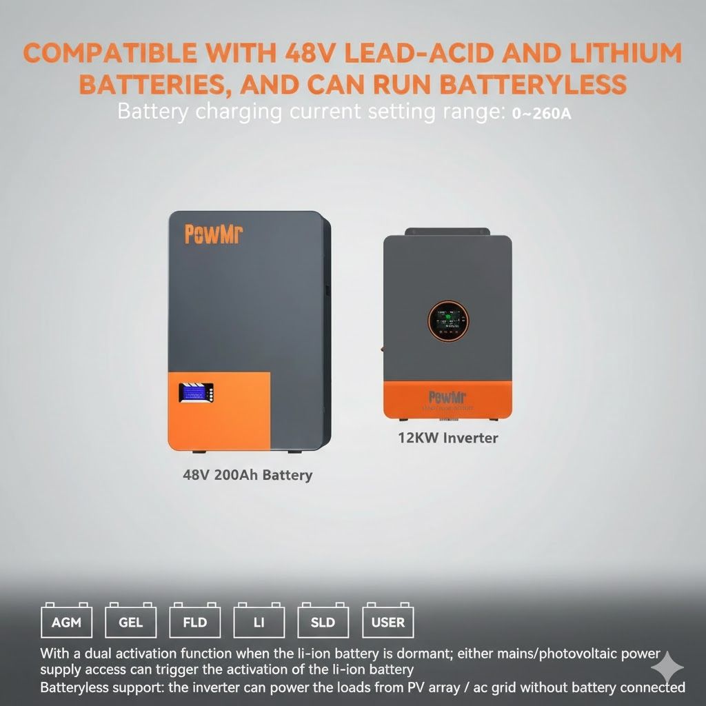 12KW Hybrid Solar Inverter, 48V DC, 220V–440V AC, 3-Phase On/Off-Grid Inverter with Dual MPPT, 180A/260A MPPT Solar Charger, High-Efficiency Power Output