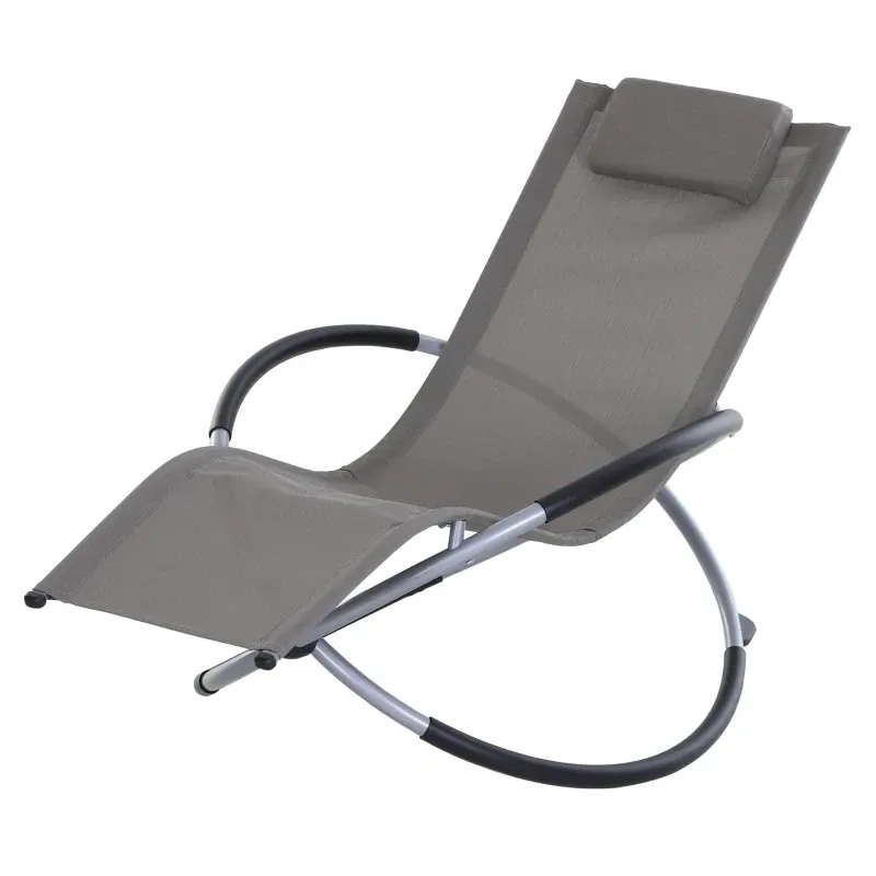 Outdoor Orbital Lounger Zero Gravity Patio Chaise Foldable Rocking Chair w/ Pillow Grey