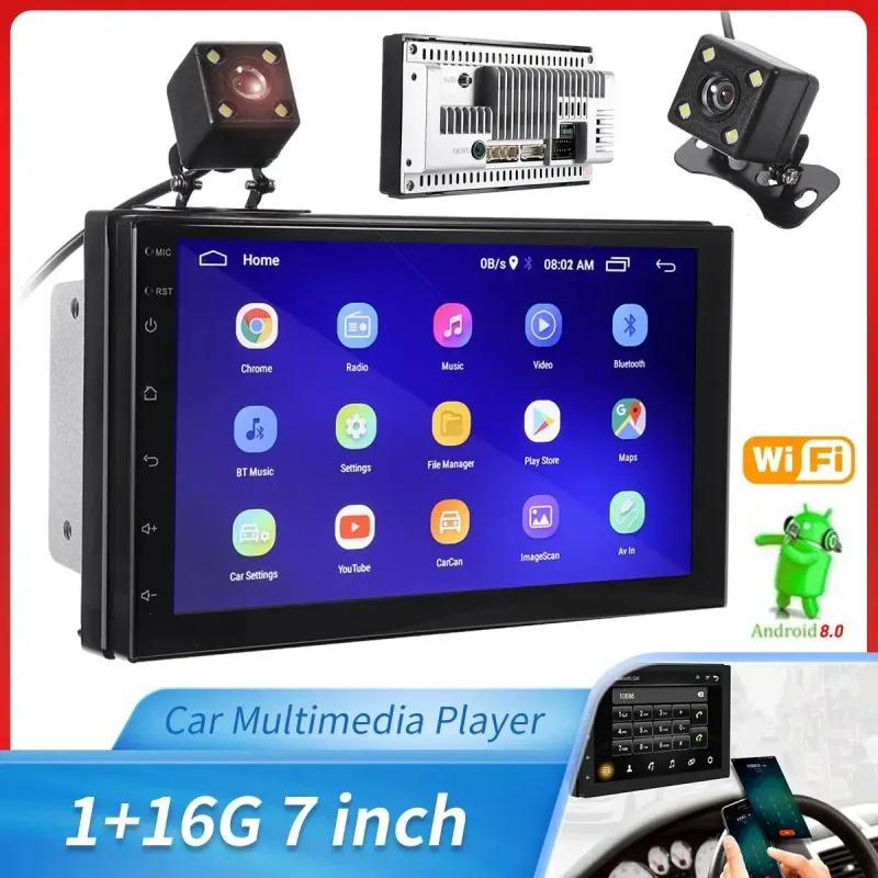 7-Inch 2 Din Android 8.0 Car Stereo Radio - High-Performance Multimedia Receiver with Touchscreen Display and Bluetooth Connectivity