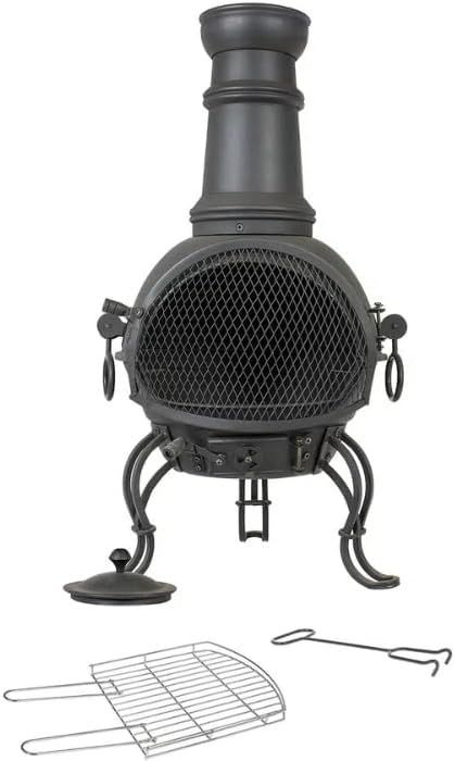 Medium Steel Chimenea Black Wood Burning Outdoor Fire Pit Heater with Grill Cooking Feature