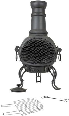 Medium Steel Chimenea Black Wood Burning Outdoor Fire Pit Heater with Grill Cooking Feature