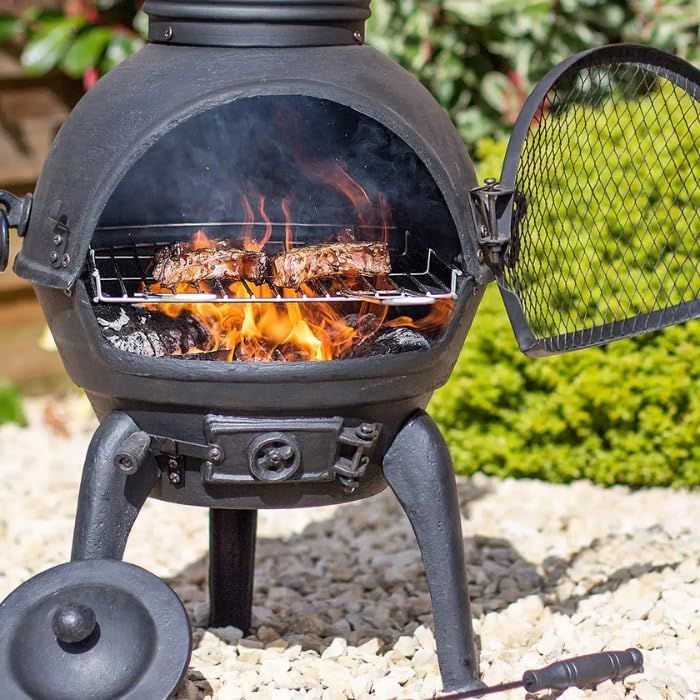 Medium Steel Chimenea Black Wood Burning Outdoor Fire Pit Heater with Grill Cooking Feature