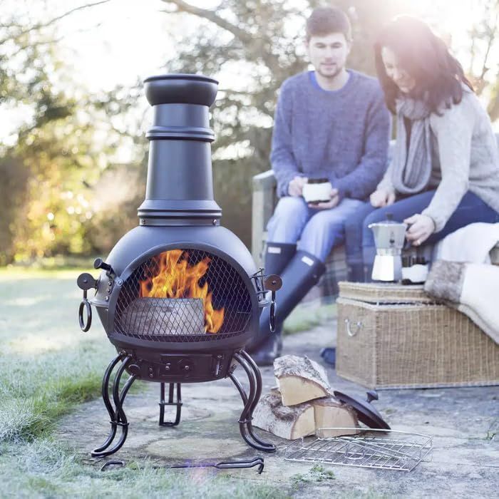 Medium Steel Chimenea Black Wood Burning Outdoor Fire Pit Heater with Grill Cooking Feature