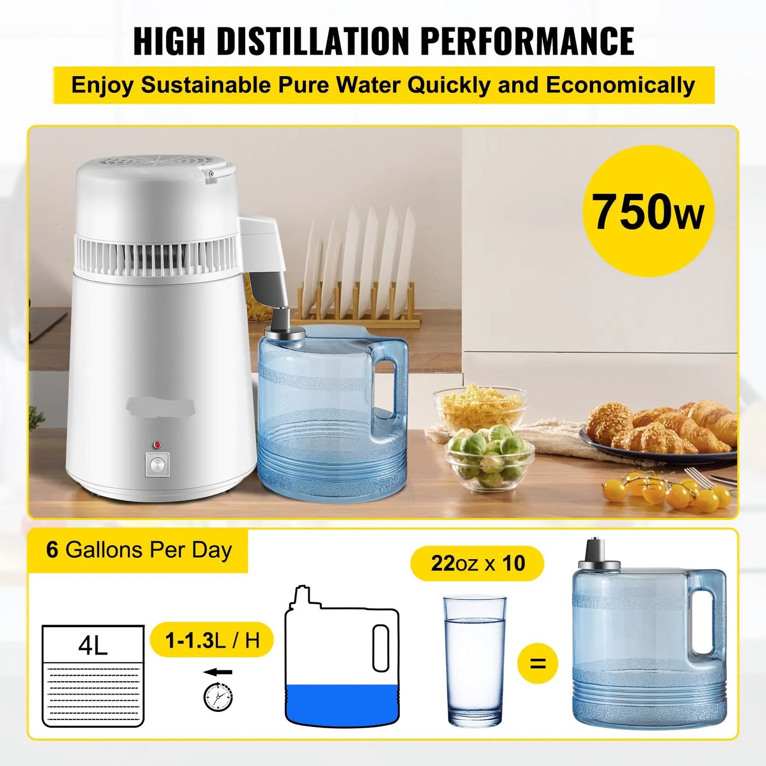 Upgraded 4L 750W Digital Control Distilling Water Machine with Handle