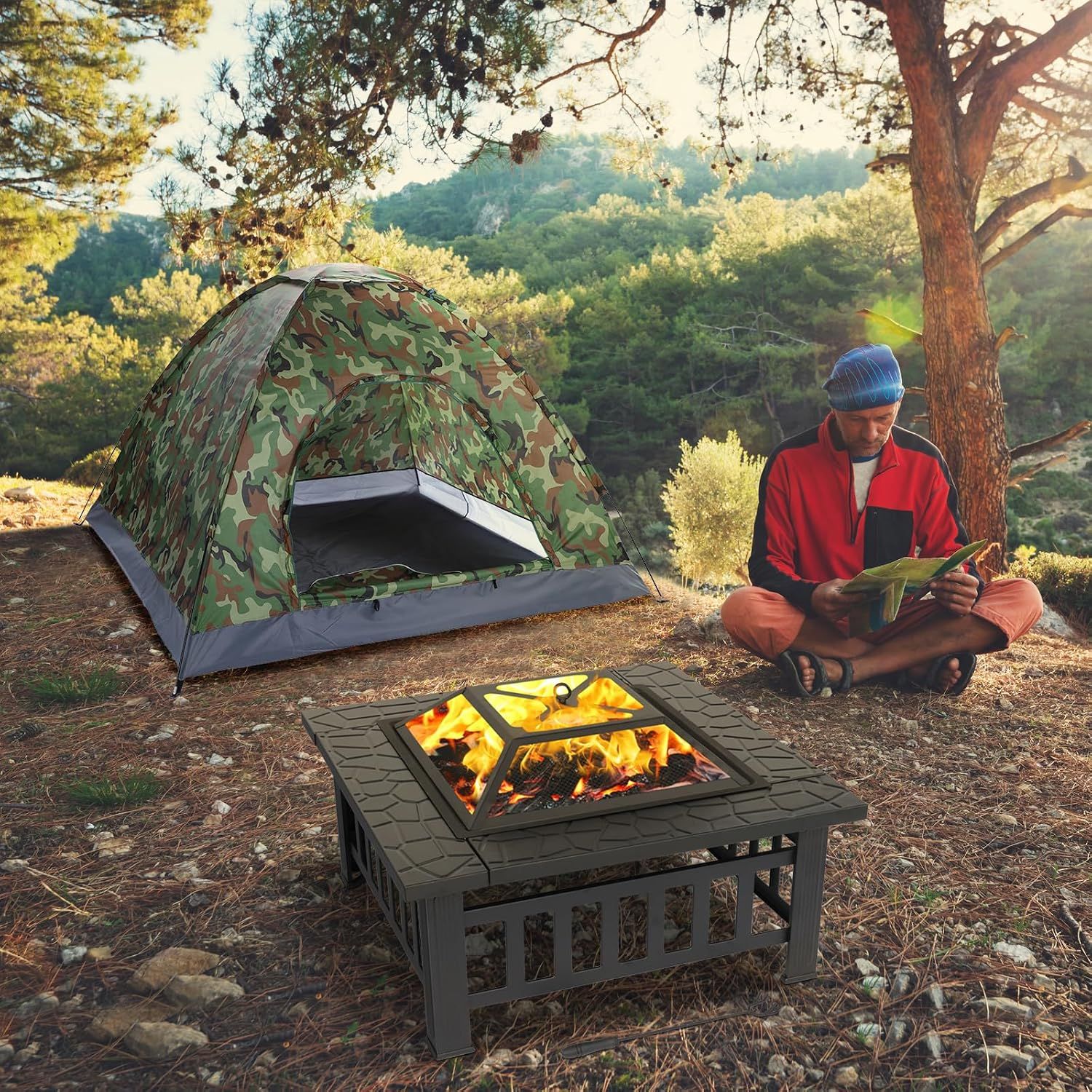 Square Metal Fire Pit with BBQ Grill, Fire Hook &amp; Protective Cover