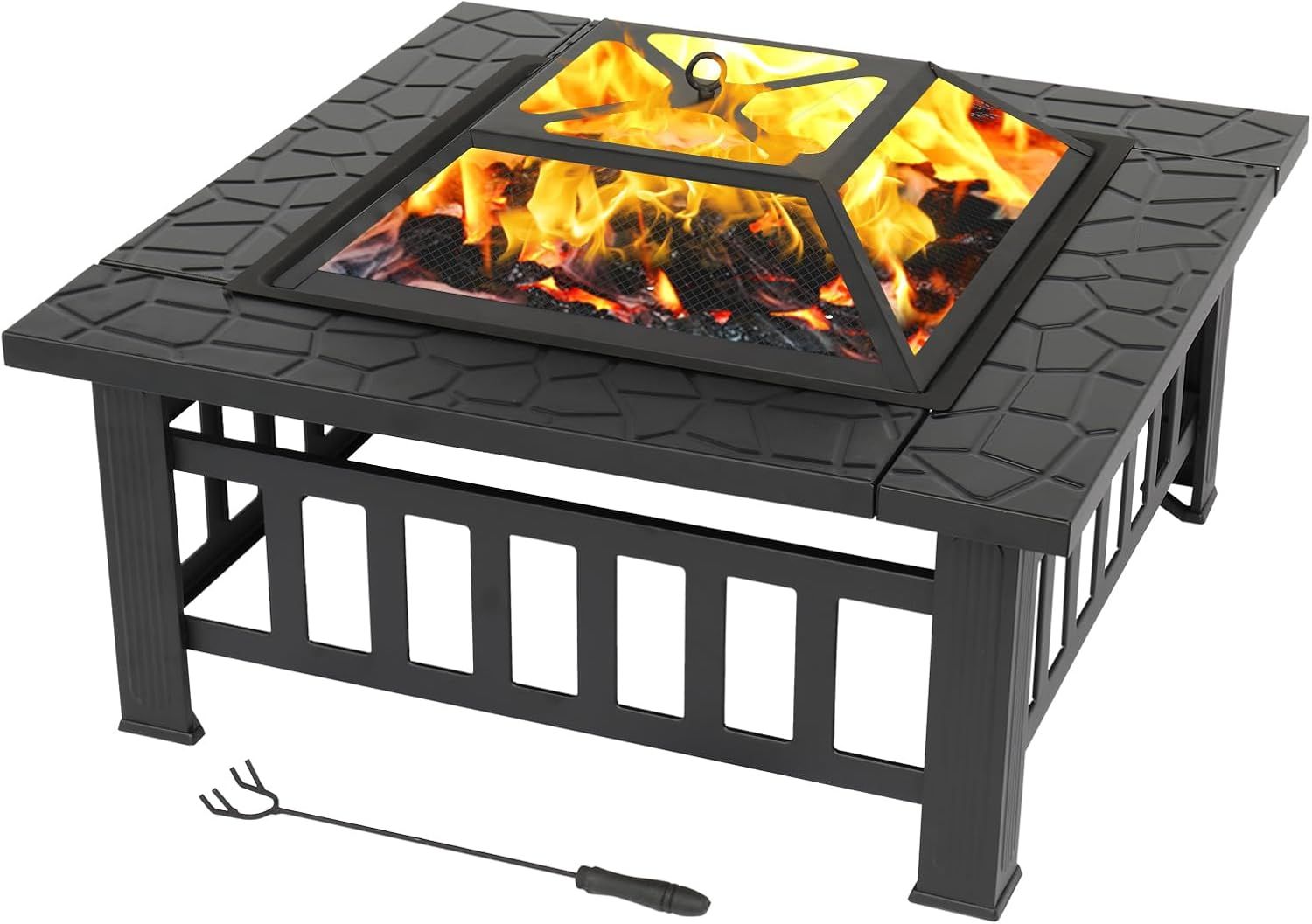 Square Metal Fire Pit with BBQ Grill, Fire Hook &amp; Protective Cover