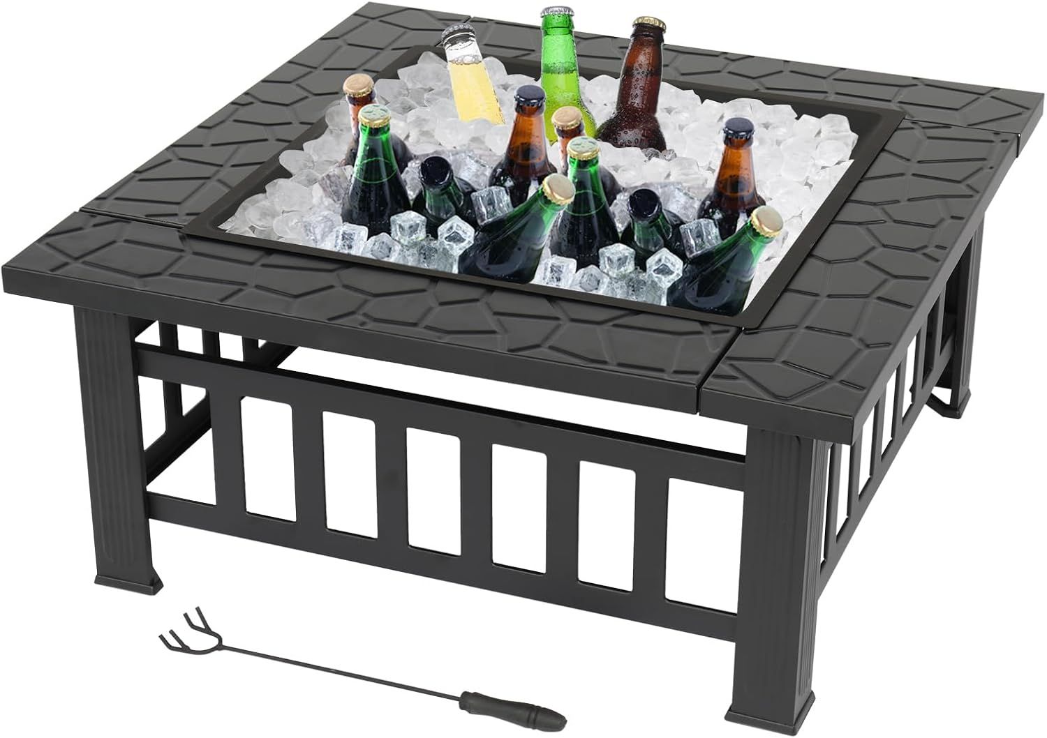 Square Metal Fire Pit with BBQ Grill, Fire Hook &amp; Protective Cover