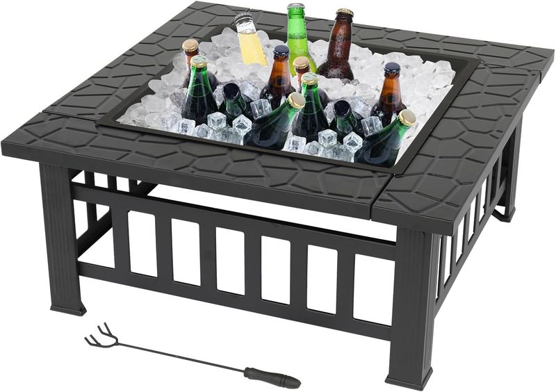 Square Metal Fire Pit with BBQ Grill, Fire Hook &amp; Protective Cover
