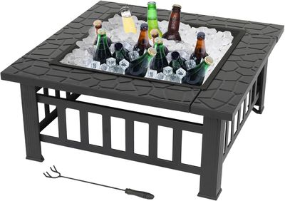 Square Metal Fire Pit with BBQ Grill, Fire Hook &amp; Protective Cover