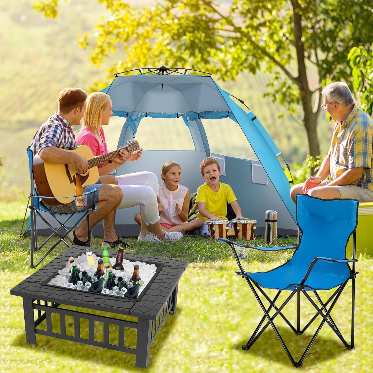 Square Metal Fire Pit with BBQ Grill, Fire Hook &amp; Protective Cover