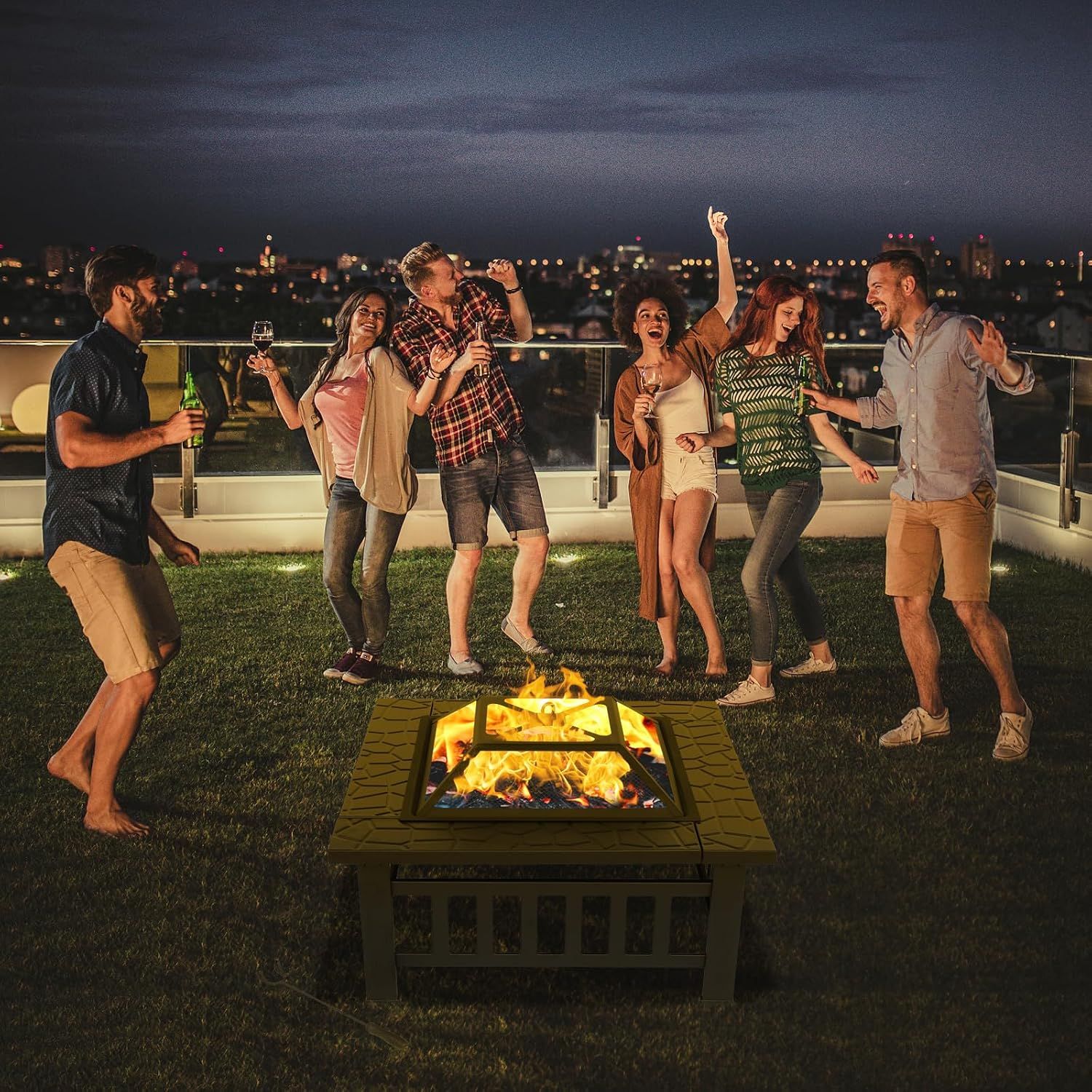 Square Metal Fire Pit with BBQ Grill, Fire Hook &amp; Protective Cover