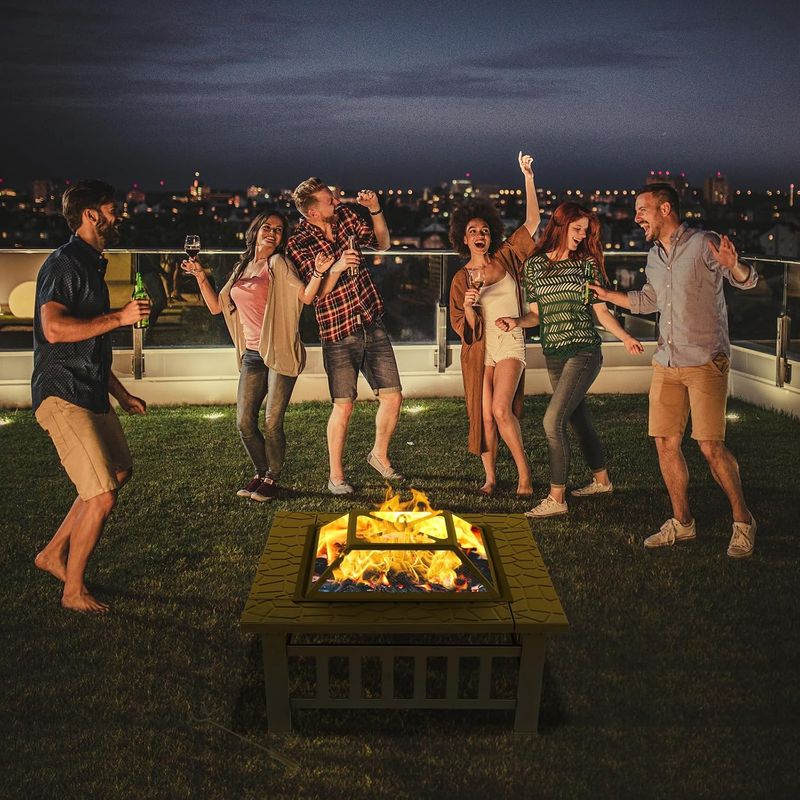 Square Metal Fire Pit with BBQ Grill, Fire Hook &amp; Protective Cover