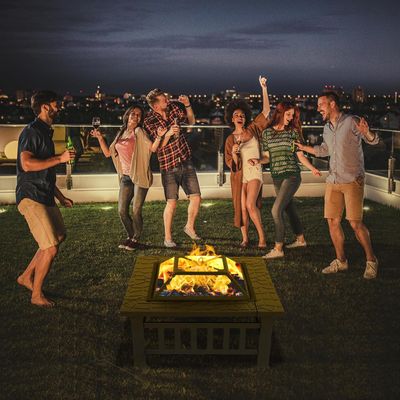 Square Metal Fire Pit with BBQ Grill, Fire Hook &amp; Protective Cover