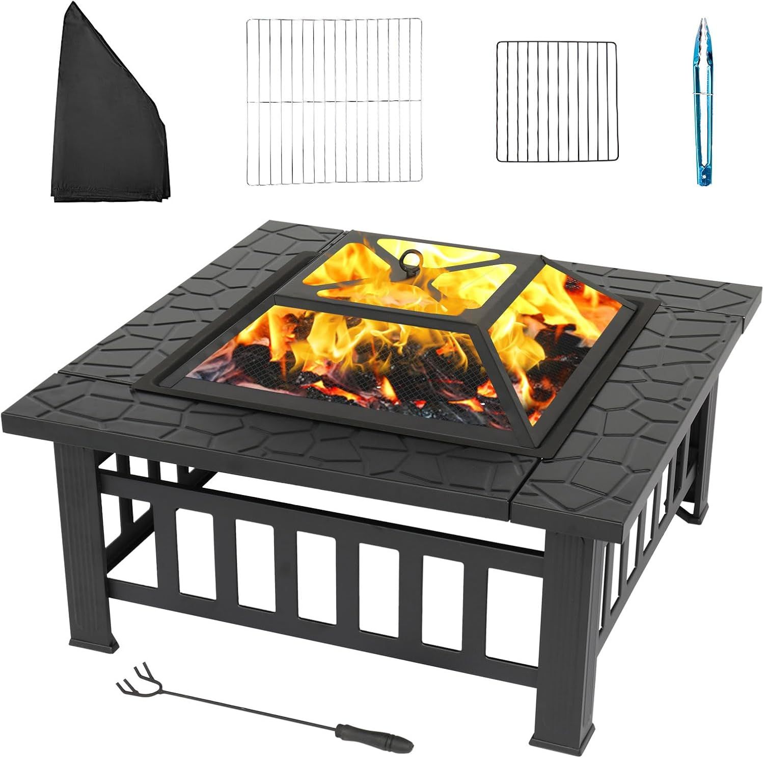 Square Metal Fire Pit with BBQ Grill, Fire Hook &amp; Protective Cover