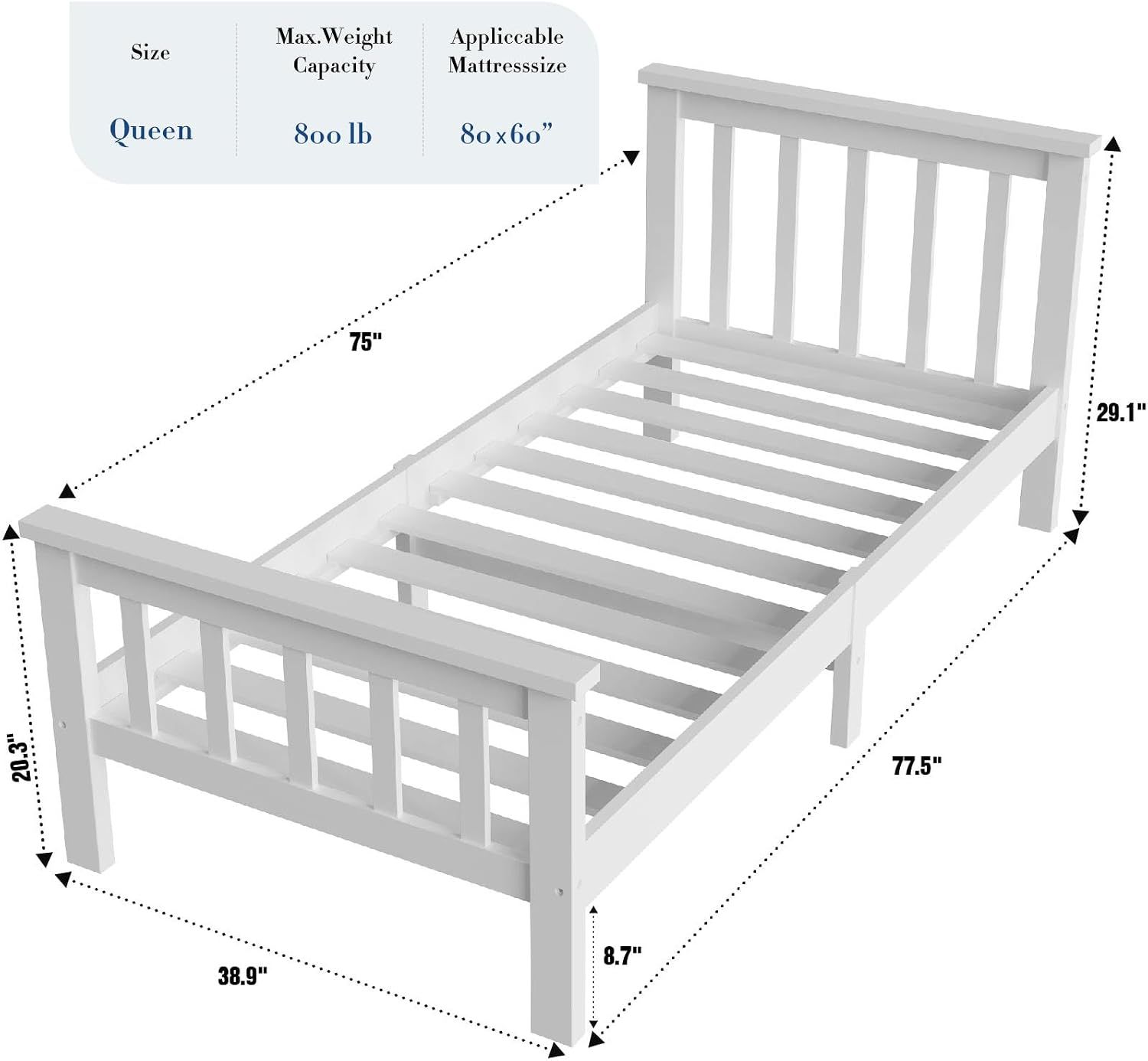 4ft Solid Pine White Shaker Wooden Bed Frame – Improved &amp; Stronger Design with White/Natural Top Finish
