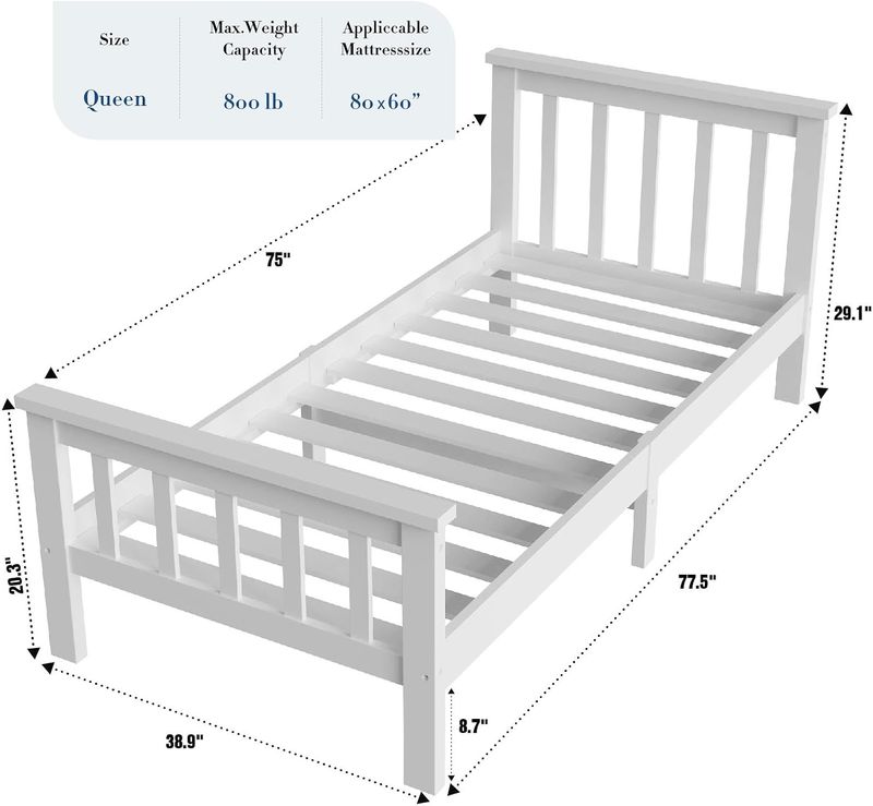 4ft Solid Pine White Shaker Wooden Bed Frame – Improved &amp; Stronger Design with White/Natural Top Finish