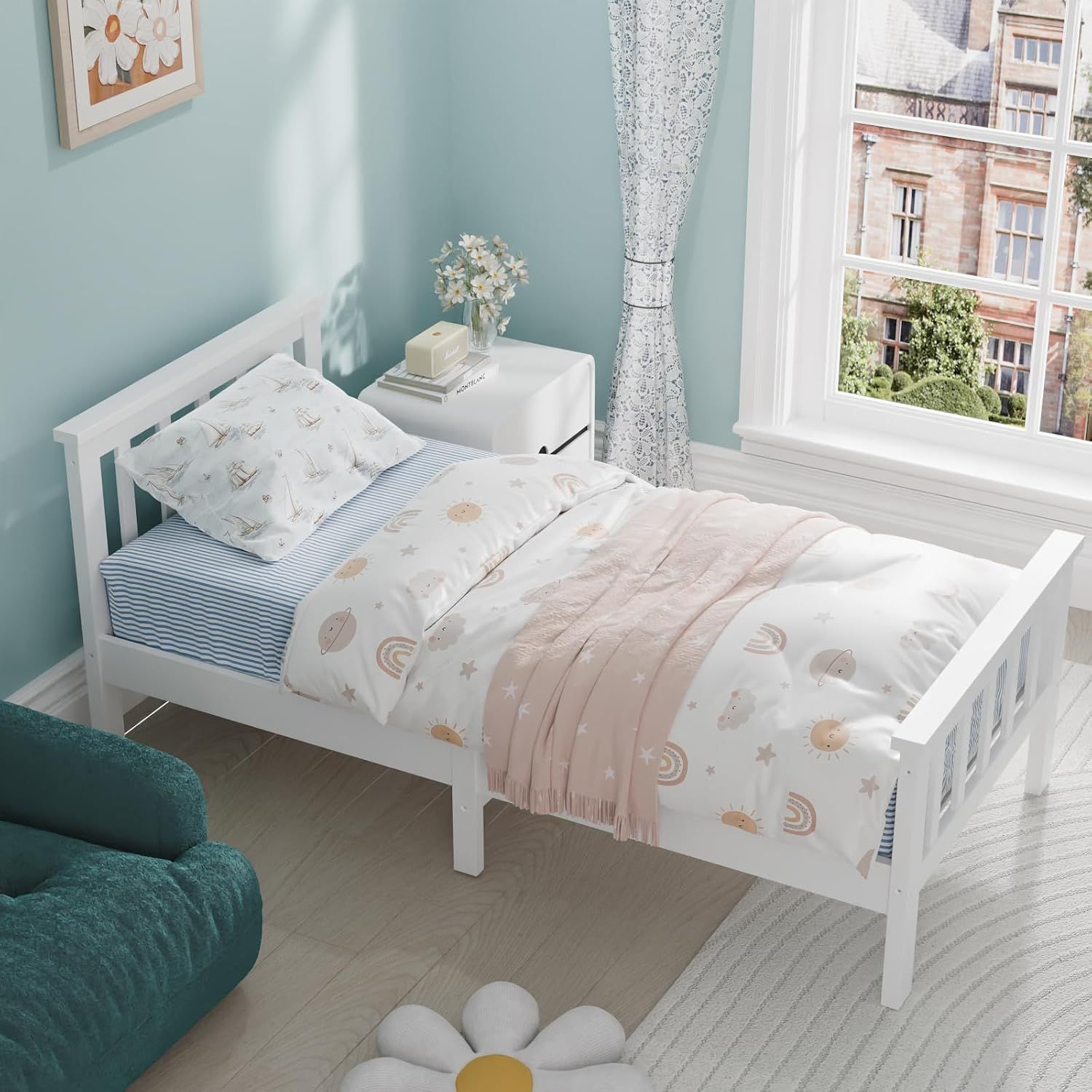 4ft Solid Pine White Shaker Wooden Bed Frame – Improved &amp; Stronger Design with White/Natural Top Finish