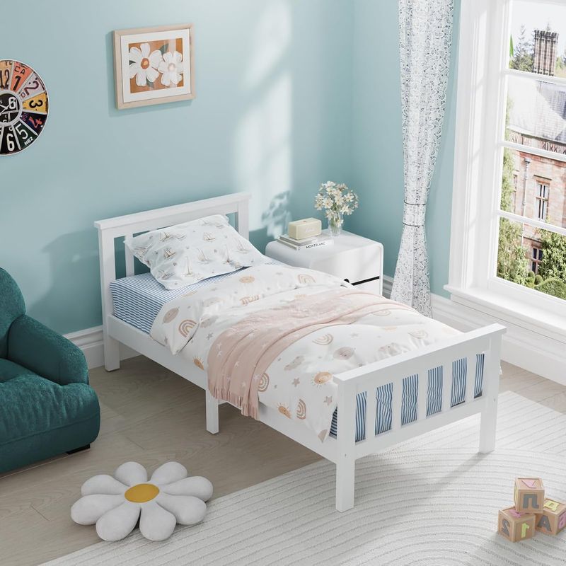 4ft Solid Pine White Shaker Wooden Bed Frame – Improved &amp; Stronger Design with White/Natural Top Finish