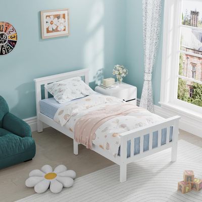 4ft Solid Pine White Shaker Wooden Bed Frame – Improved &amp; Stronger Design with White/Natural Top Finish