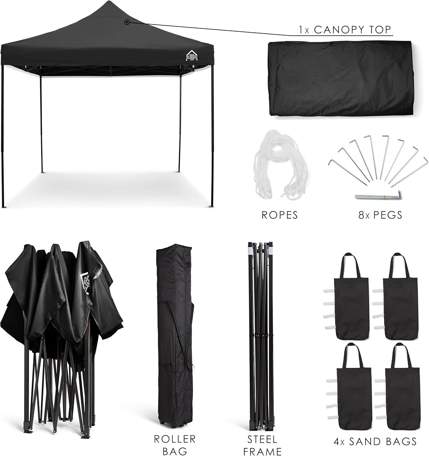3x3m Heavy Duty Pop Up Gazebo Waterproof Black with Carry Bag &amp; Weights