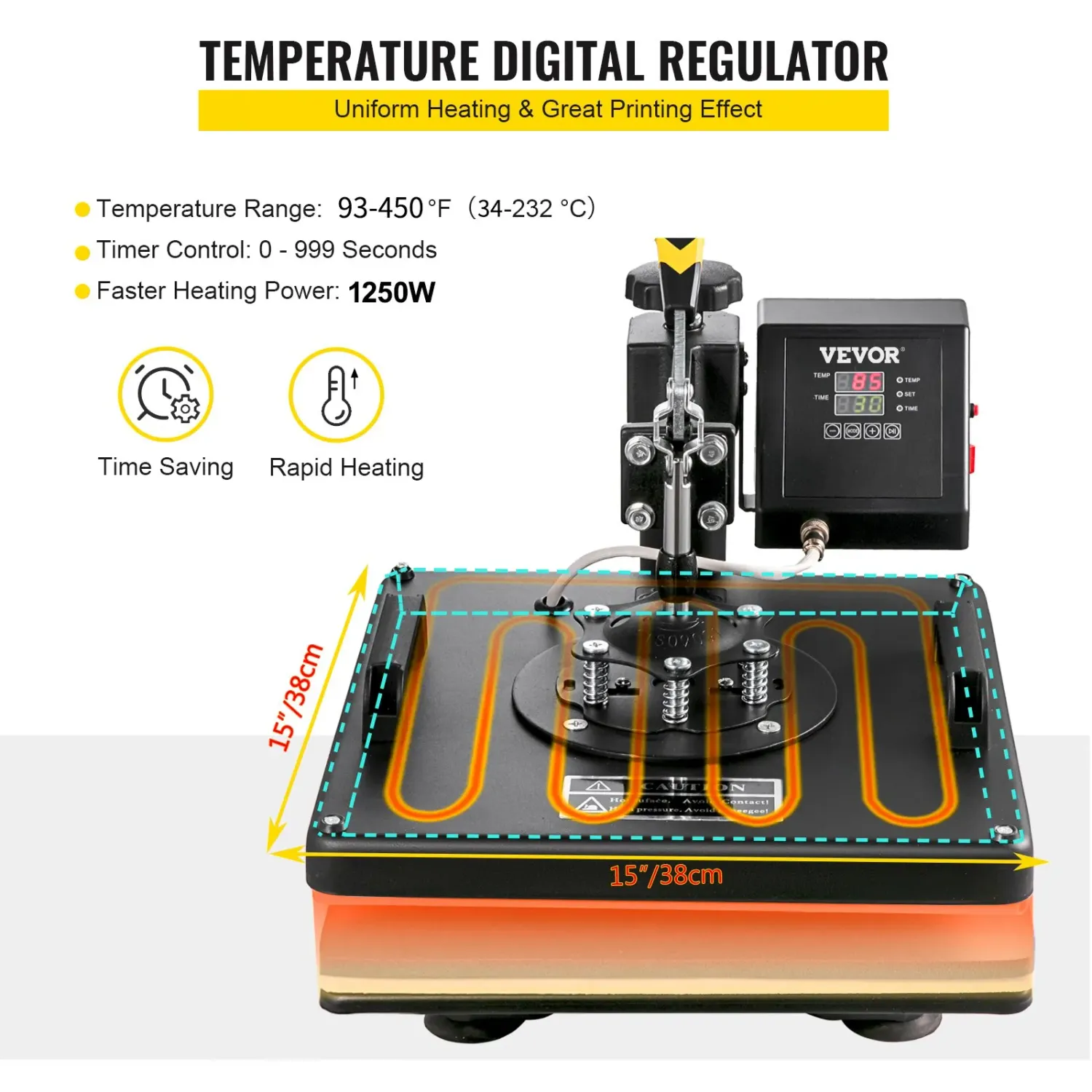 8-in-1 Heat Press Machine 38x38cm T-Shirt Sublimation Transfer Press with Mug Hat Plate Attachments