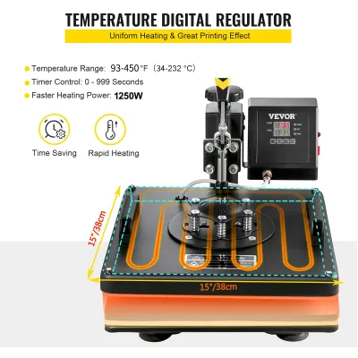 8-in-1 Heat Press Machine 38x38cm T-Shirt Sublimation Transfer Press with Mug Hat Plate Attachments