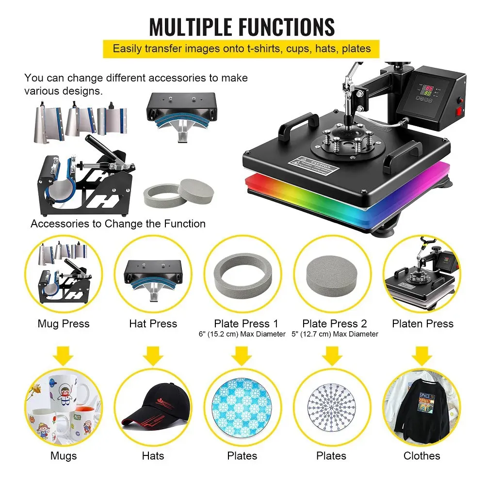 8-in-1 Heat Press Machine 38x38cm T-Shirt Sublimation Transfer Press with Mug Hat Plate Attachments