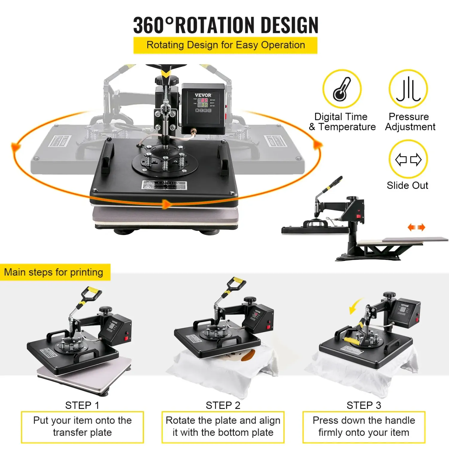 8-in-1 Heat Press Machine 38x38cm T-Shirt Sublimation Transfer Press with Mug Hat Plate Attachments