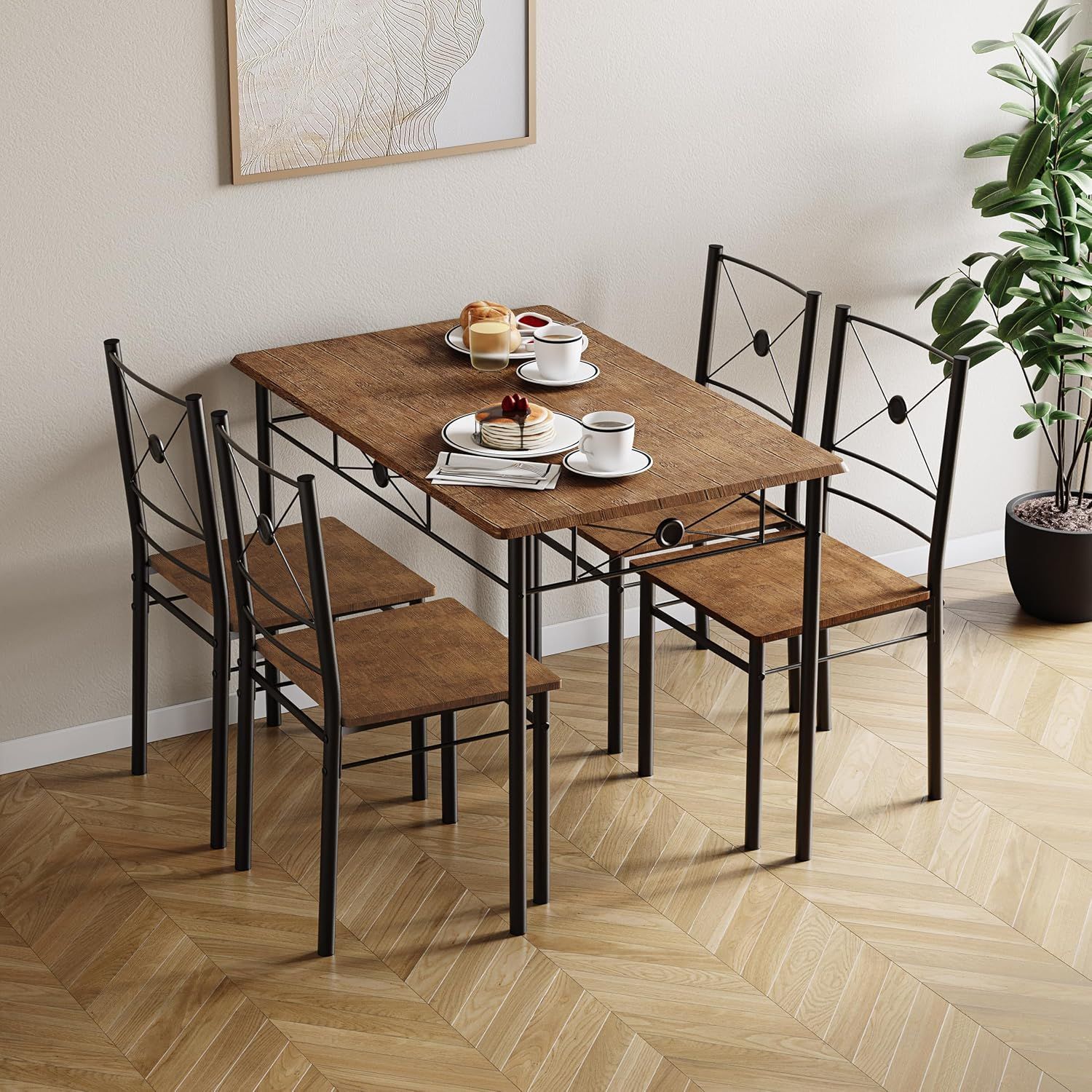4 Seater Dining Set with Table and Chairs Dark Wood Modern Kitchen Dining Furniture