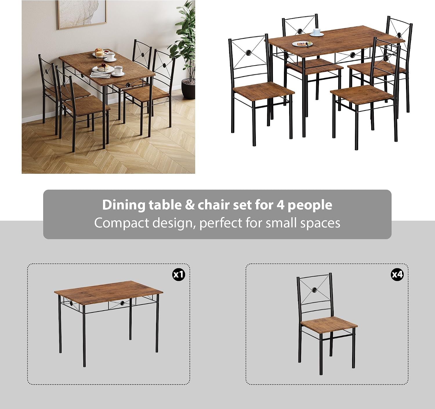 4 Seater Dining Set with Table and Chairs Dark Wood Modern Kitchen Dining Furniture