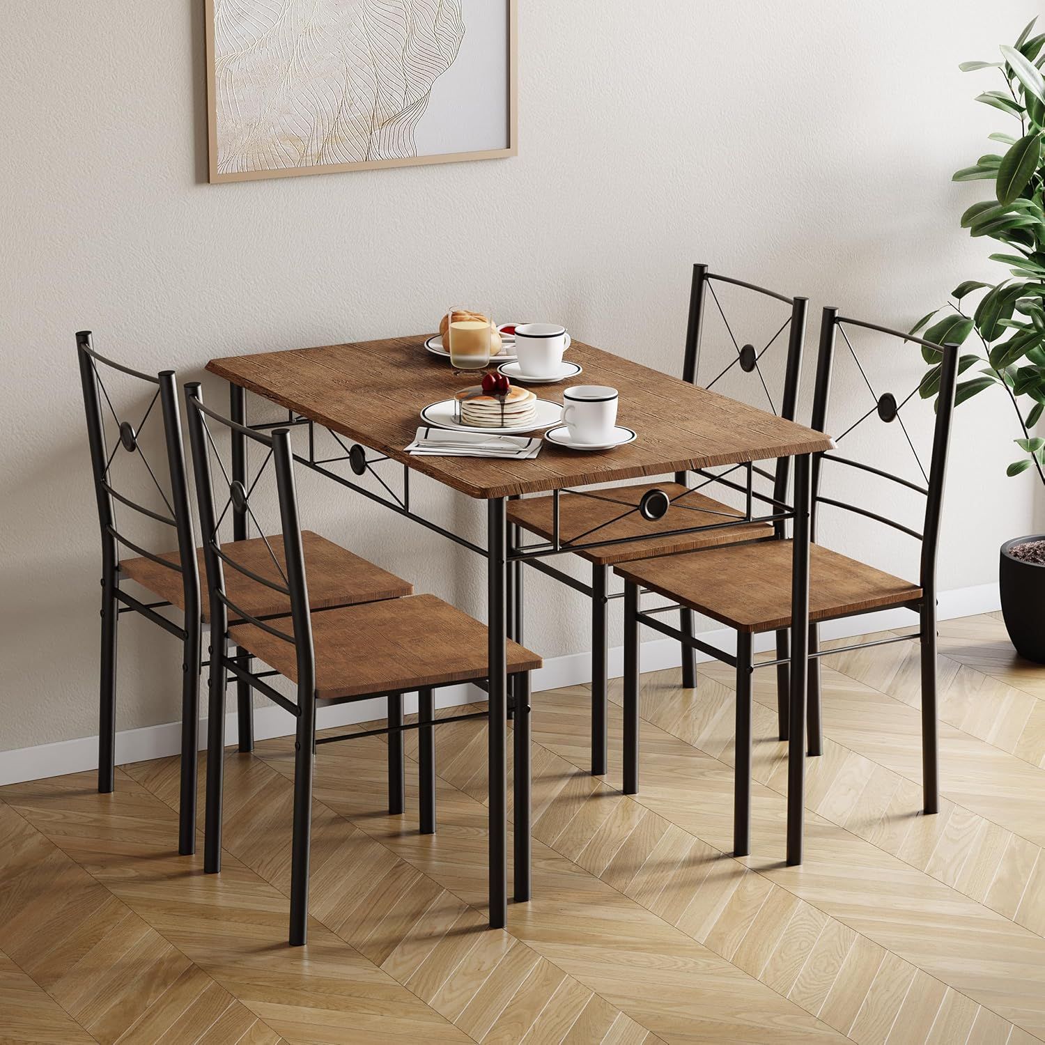4 Seater Dining Set with Table and Chairs Dark Wood Modern Kitchen Dining Furniture