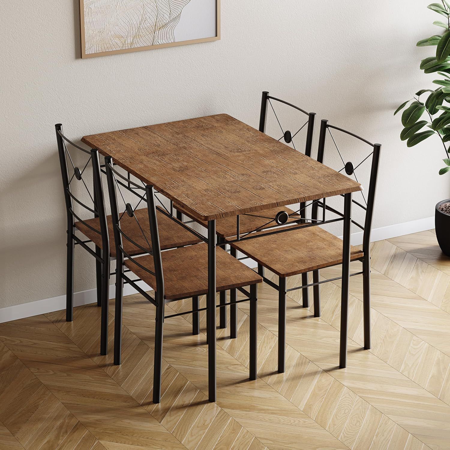 4 Seater Dining Set with Table and Chairs Dark Wood Modern Kitchen Dining Furniture