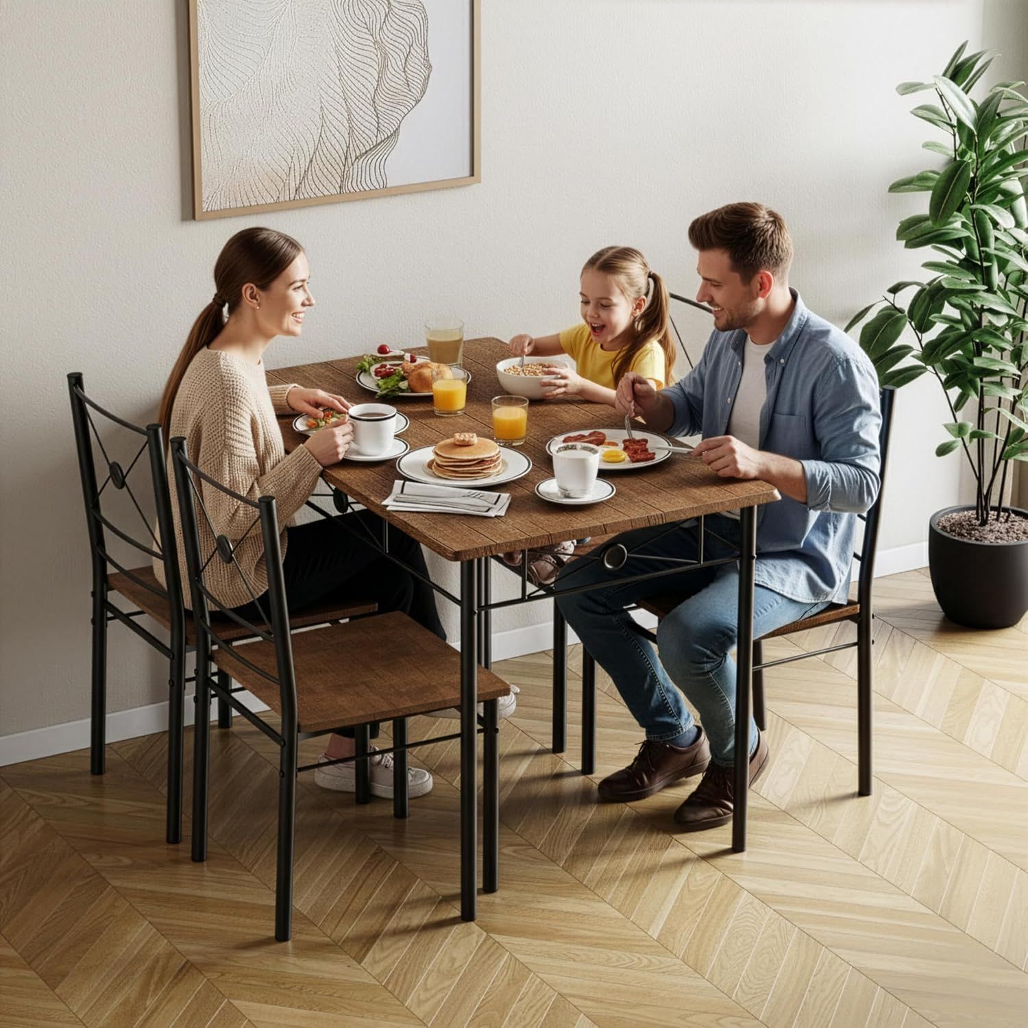 4 Seater Dining Set with Table and Chairs Dark Wood Modern Kitchen Dining Furniture