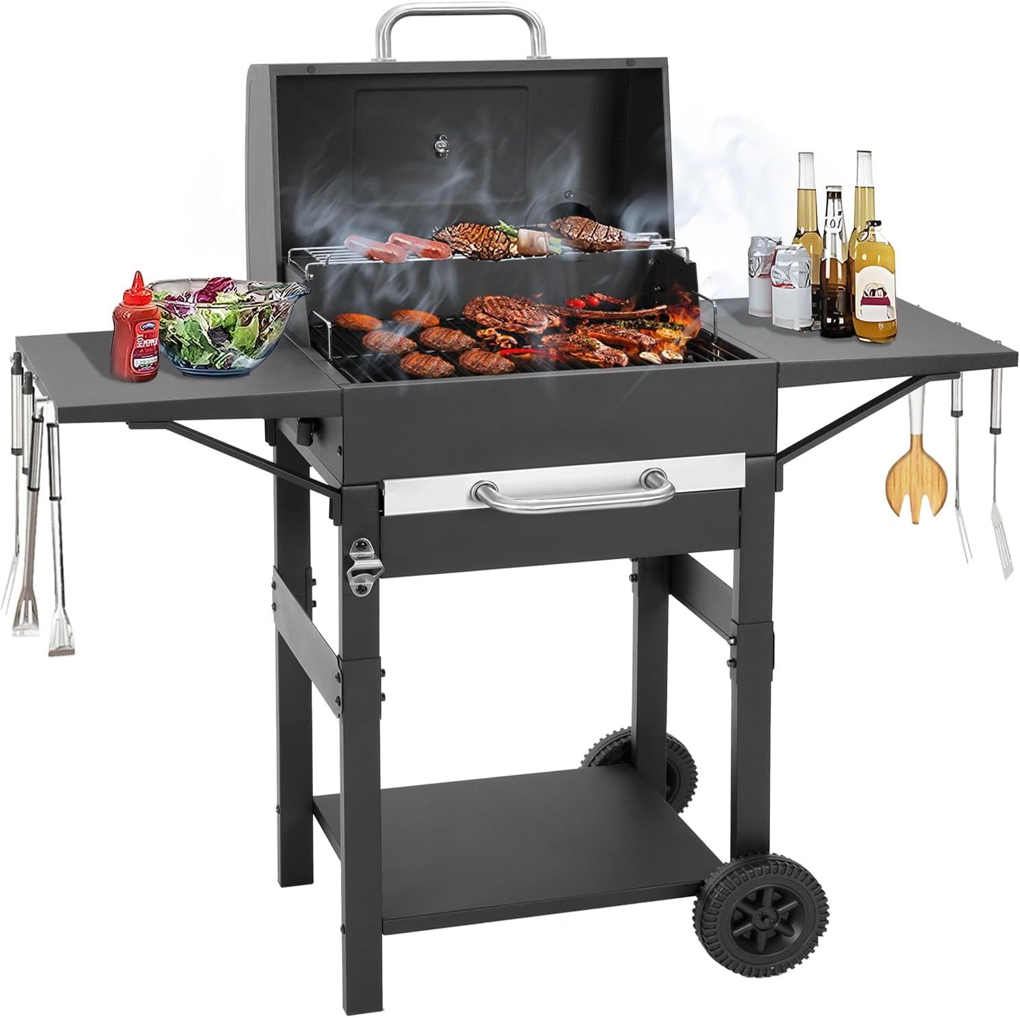 Portable Charcoal BBQ Grill Smoker with Temperature Gauge Camping Barbecue