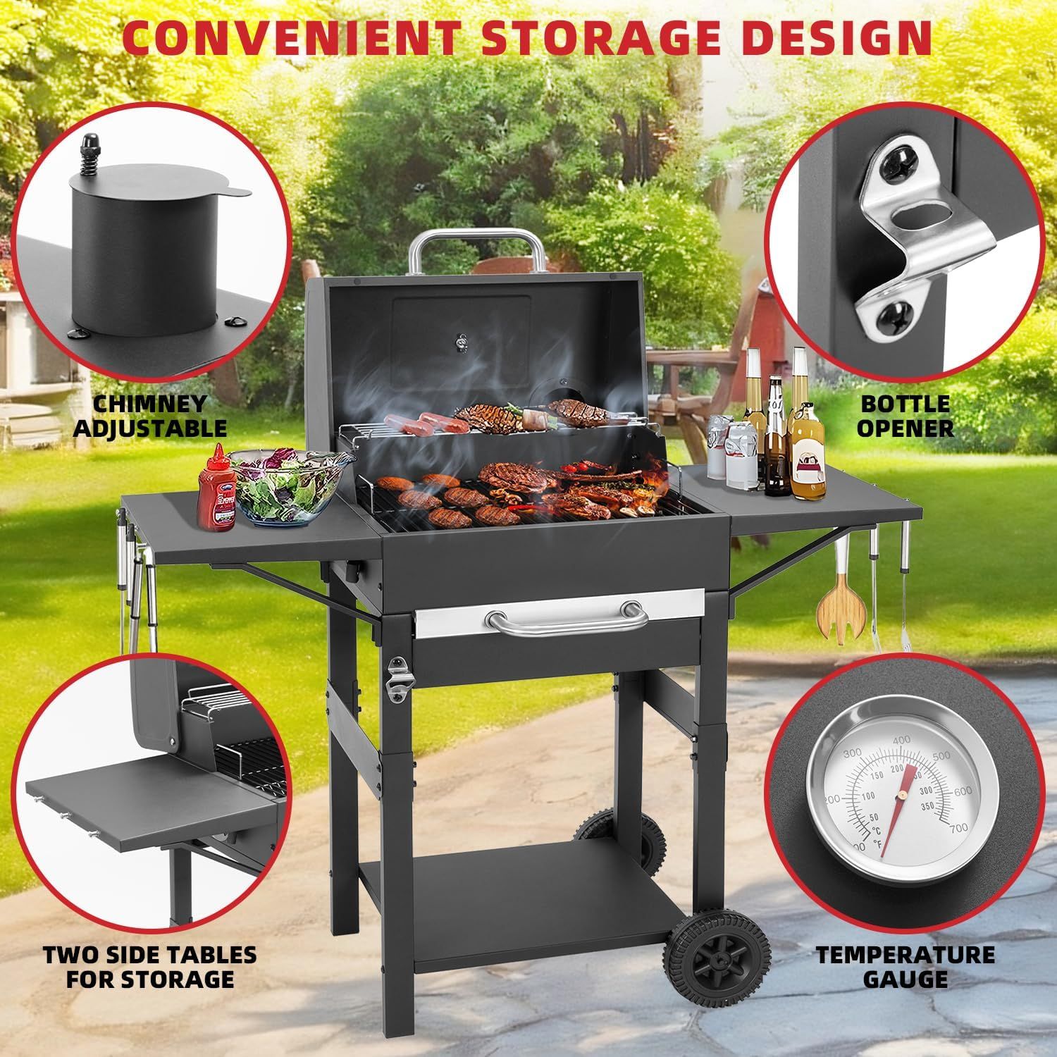 Portable Charcoal BBQ Grill Smoker with Temperature Gauge Camping Barbecue