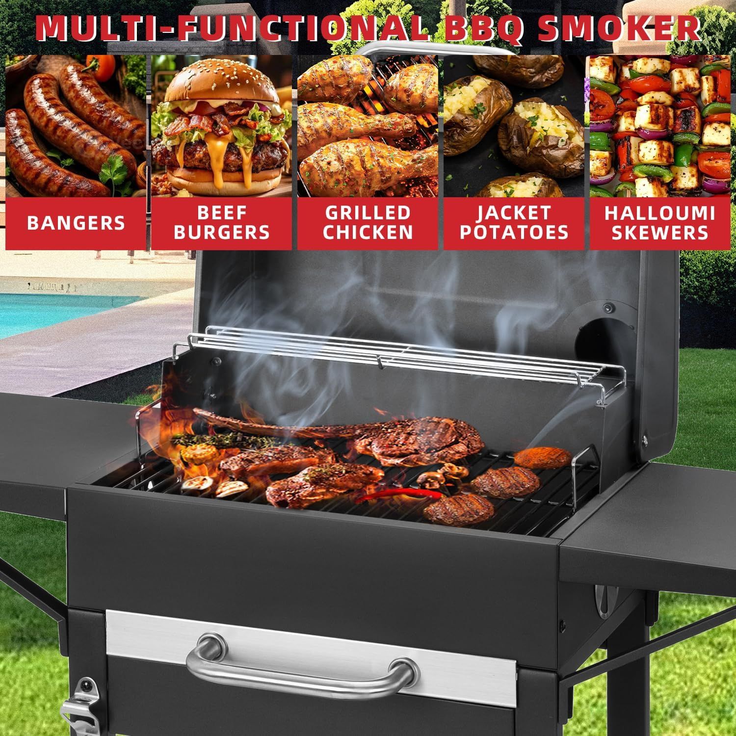 Portable Charcoal BBQ Grill Smoker with Temperature Gauge Camping Barbecue