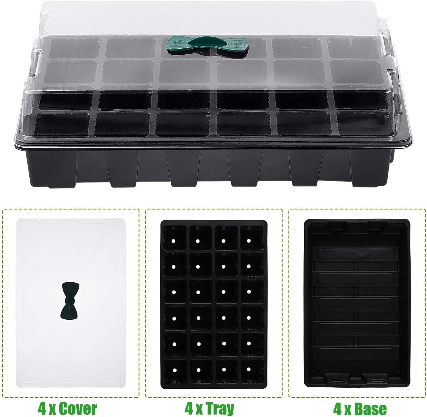 4Pcs Plant Seedling Tray 24 Cell Propagator with Adjustable Vents Lids &amp; Bases