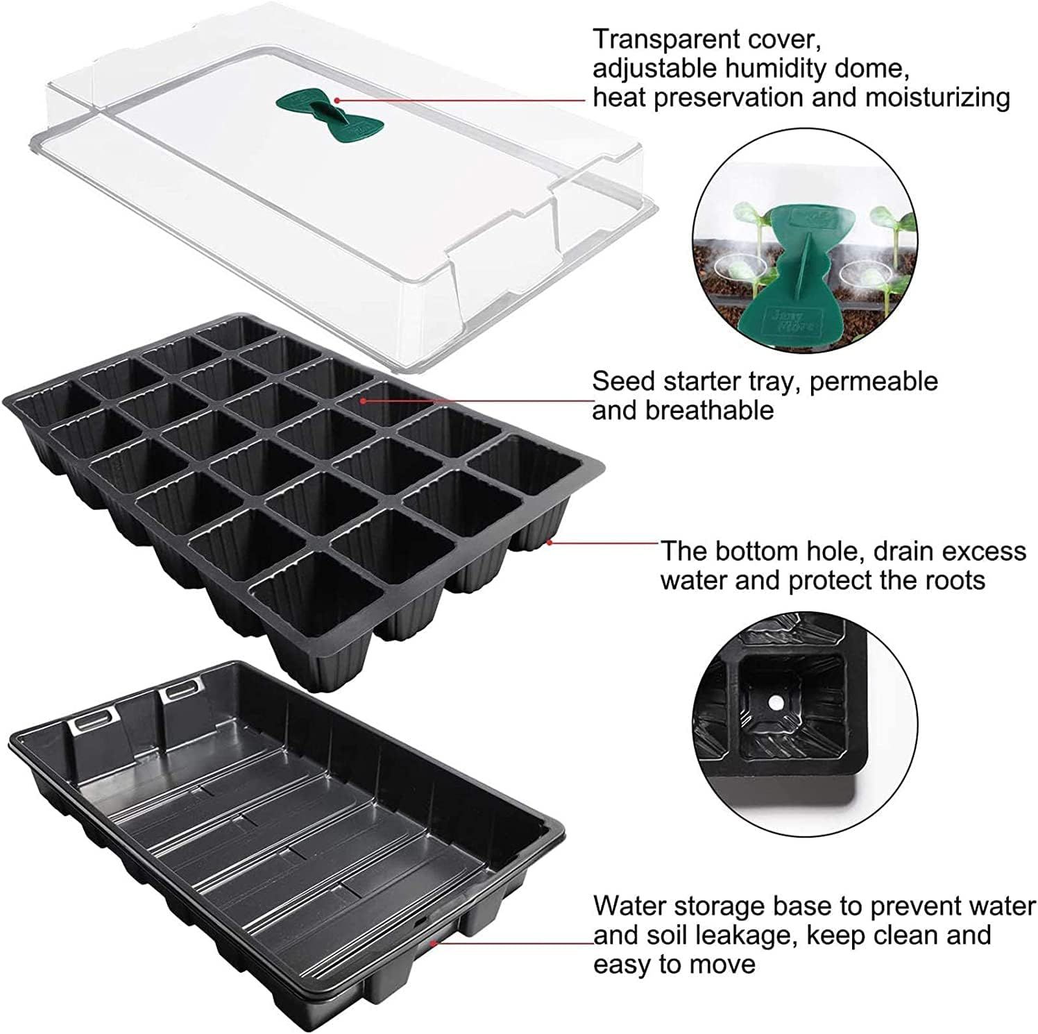 4Pcs Plant Seedling Tray 24 Cell Propagator with Adjustable Vents Lids &amp; Bases
