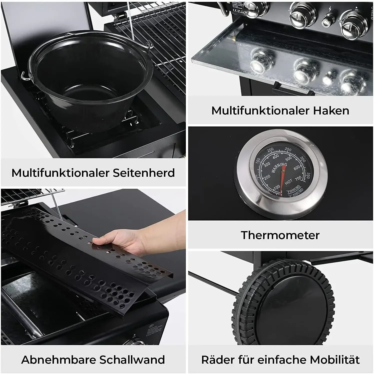 Gas BBQ Grill Cart with Thermometer and Ignition