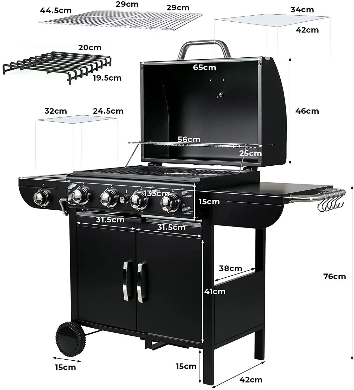 Gas BBQ Grill Cart with Thermometer and Ignition