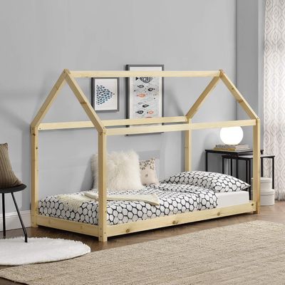 Solid Pine Timber Kids Wooden Single Bedless House Frame