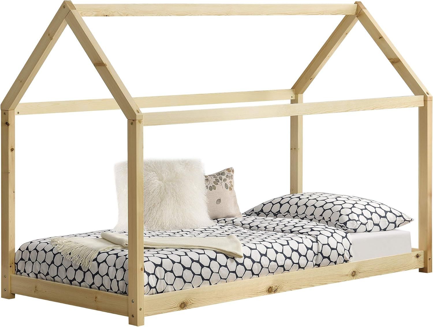 Solid Pine Timber Kids Wooden Single Bedless House Frame