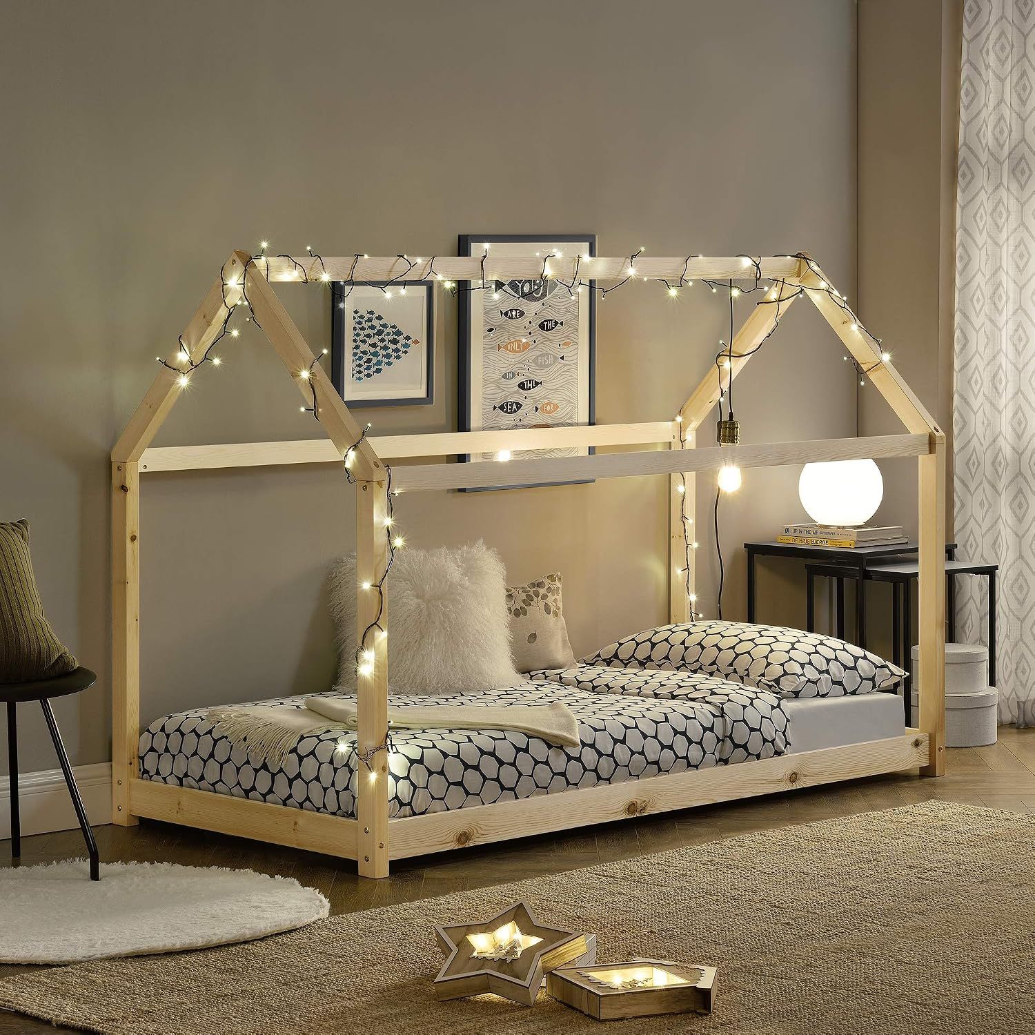 Solid Pine Timber Kids Wooden Single Bedless House Frame