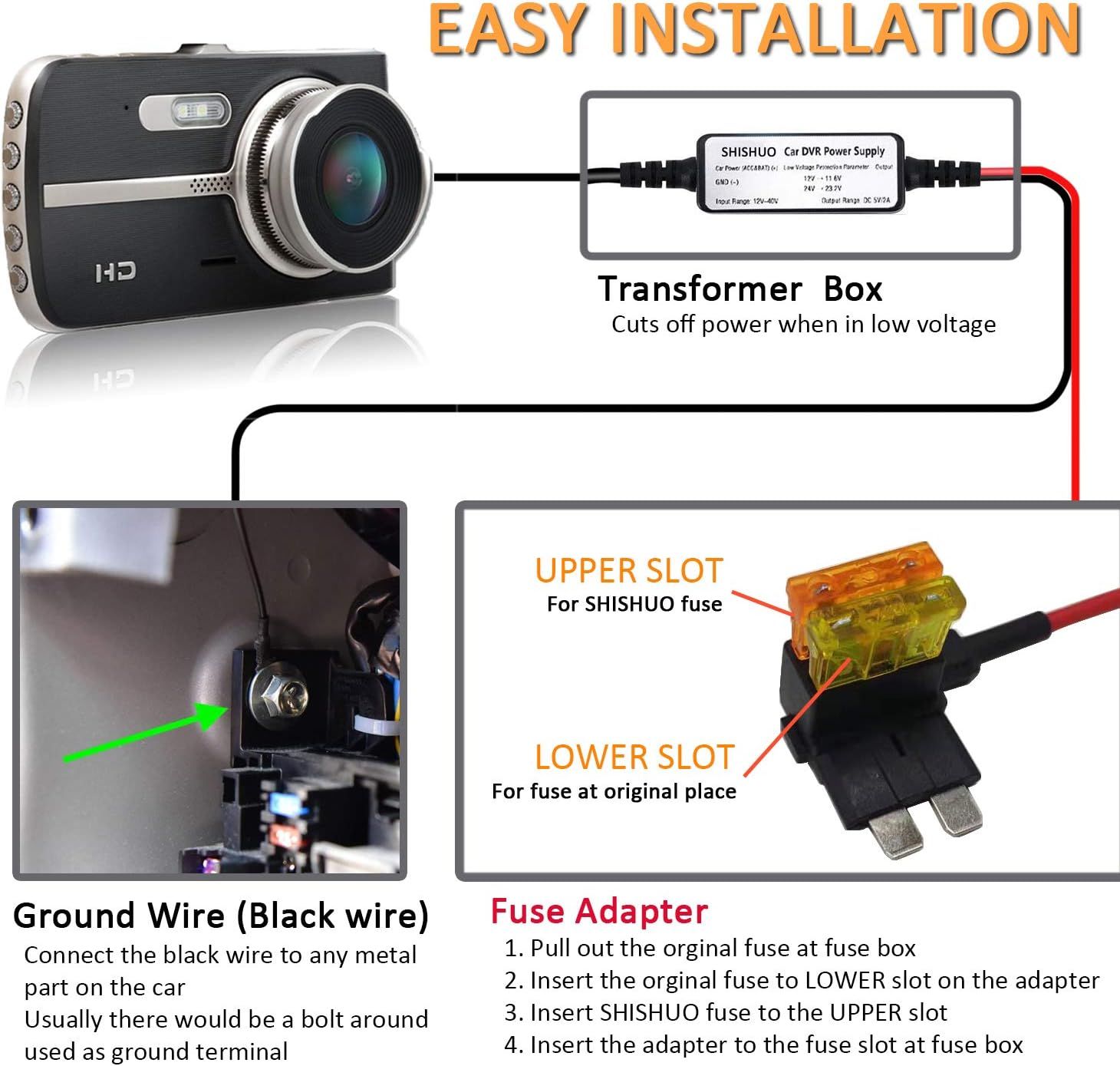 Dash Cam Hardwire Kit Mini USB Micro USB 4m Cable with Fuse Protection