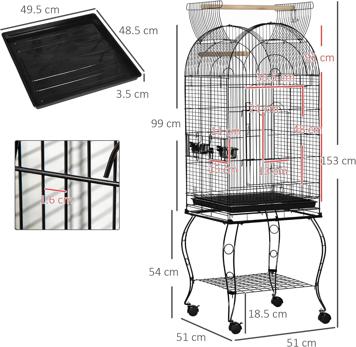 Large Metal Bird Cage Aviary 51x51x137cm with Stand Wheels &amp; Feeding Station